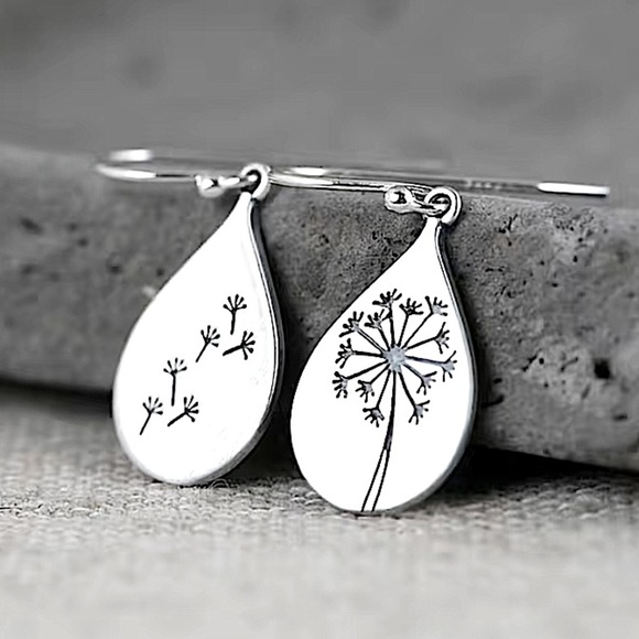 Silver Dandelion Flower Handcarved Textured Seed Earrings - Picture 3 of 7